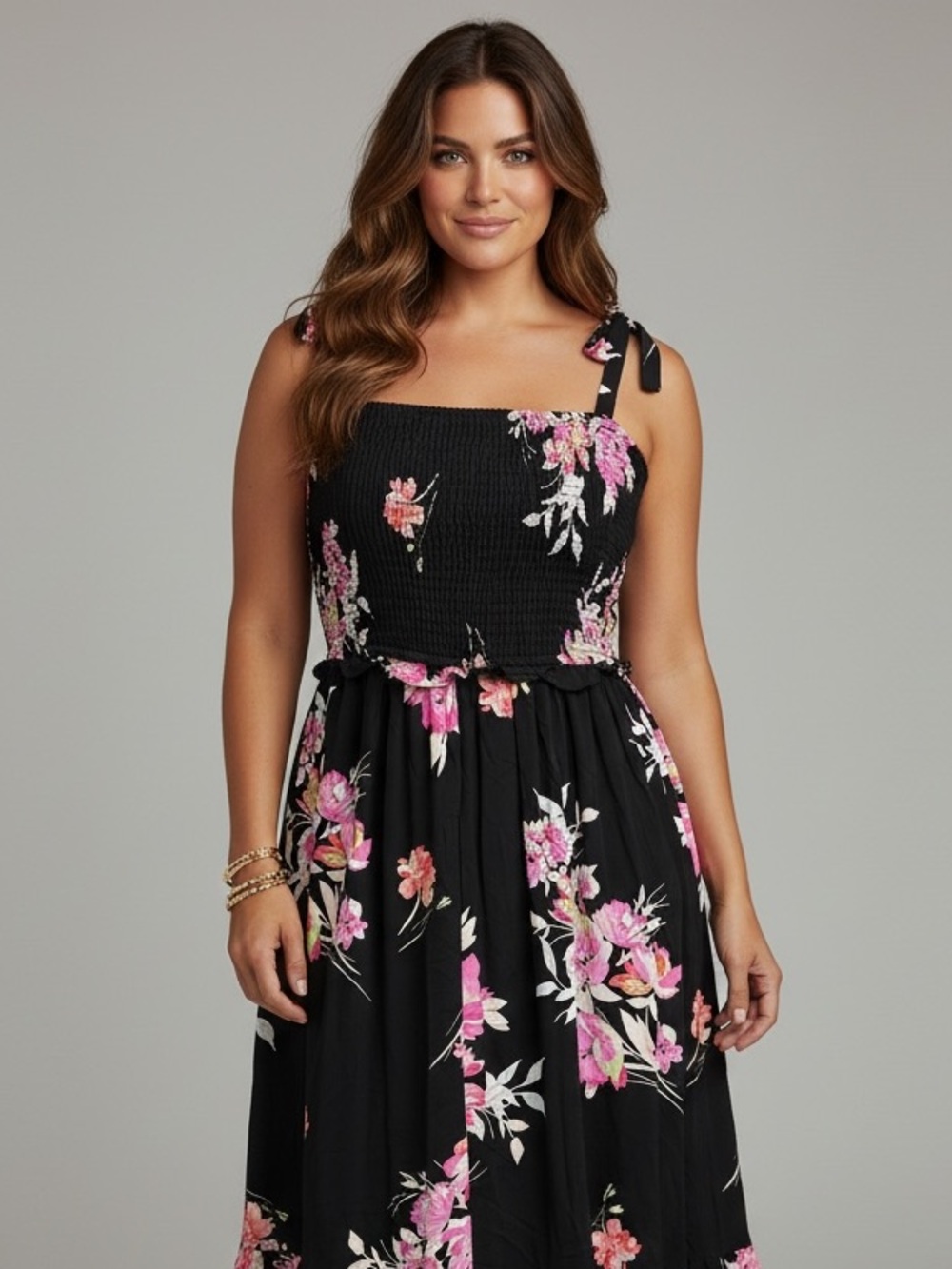 Torrid Black Floral Challis Tie-Strap Midi Dress with Pink Blossoms